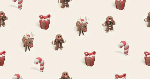 Seamless 3D Christmas Pattern with Gingerbread Man, Reindeer Stock Illustration