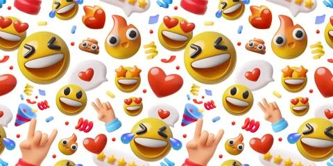 Seamless 3D drawing with smiling emojis, hearts and stars on a white background Stock Illustration