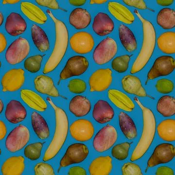 Seamless 3D Fruit Pattern on Blue Background Tileable Rendering Illustration Stock Illustration