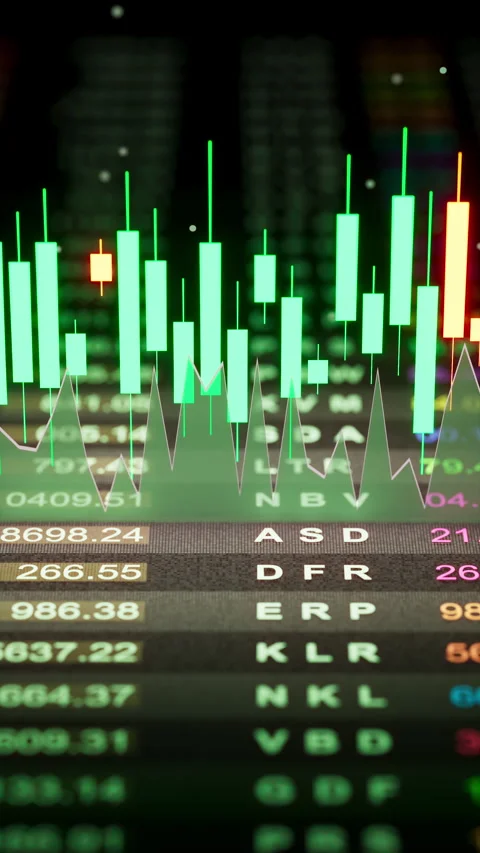 Seamless 3D loop of bright candlestick graphs and stock indicators. Stock Footage 325965558