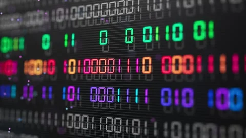Seamless 3D loop of colorful binary digits on a dark digital grid. Stock Footage 341886949