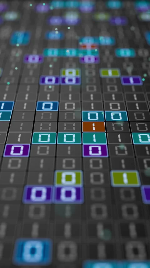 Seamless 3D loop of colorful binary code on a dark digital grid. 動画素材 344163160