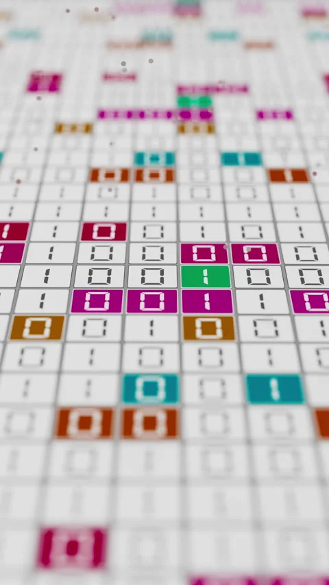 Seamless 3D loop of colorful binary code on a white digital grid. Video stock 344163305