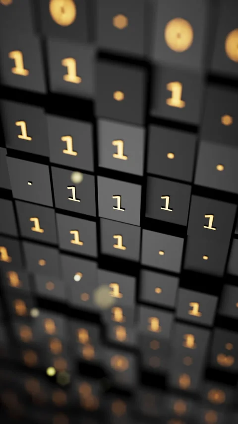 Seamless 3D loop of dark cubes covered with glowing binary code. Video stock 344169299