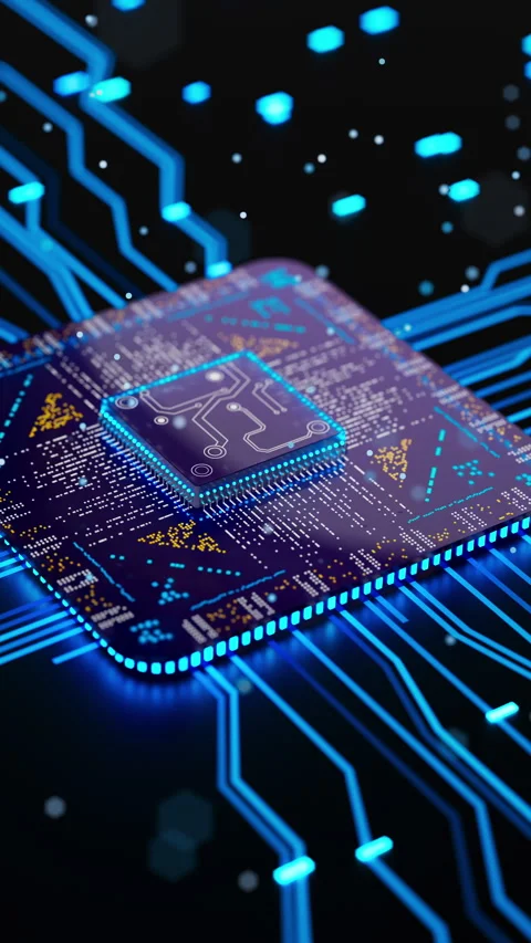 Seamless 3D loop of a futuristic AI microchip with blue circuits Stock Footage 344158967