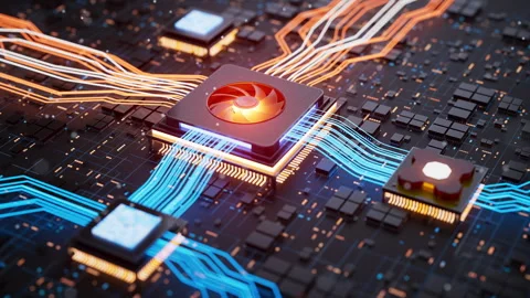 Seamless 3D loop of futuristic AI chip and glowing circuits Video stock 348017818
