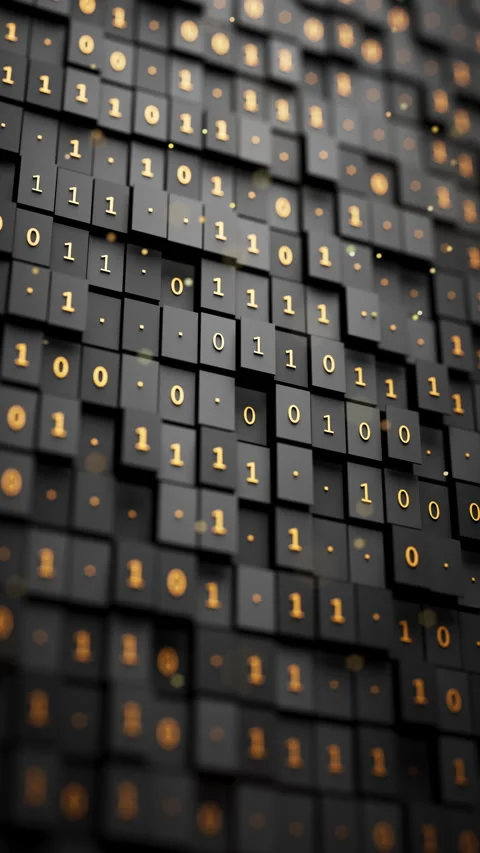 Seamless 3D loop of glowing binary code on layered dark cubes. Stock Footage 348019003