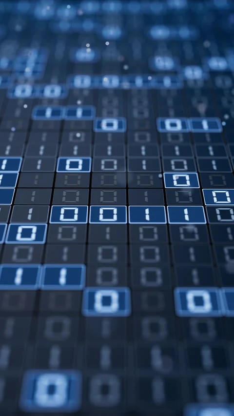 Seamless 3D loop of glowing blue binary code on a digital grid. Stock Footage 341887192