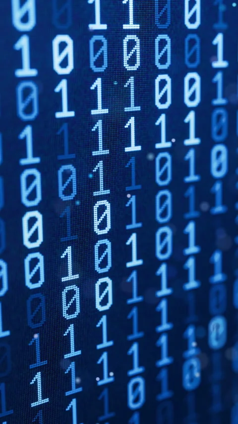 Seamless 3D loop of glowing blue binary digits on a dark screen. Stock Footage 348018639