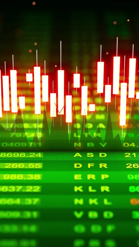 Seamless 3D loop of glowing candlestick graphs with upward indicators. Stock Footage 322911916