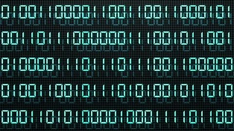 Seamless 3D loop of glowing cyan binary digits in horizontal rows. Stock Footage 348018436