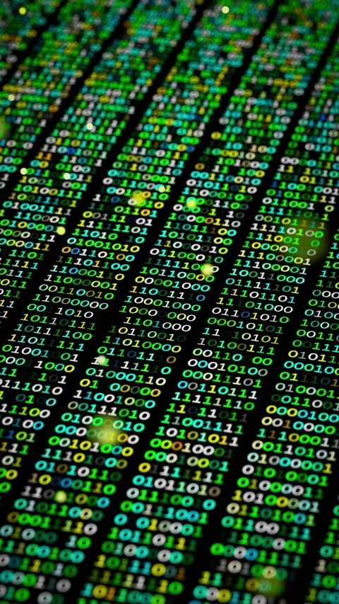 Seamless 3D loop of glowing green binary code and digital data. Video stock 344165620