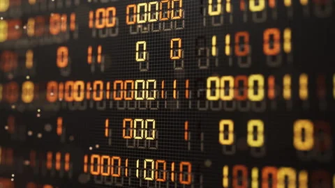 Seamless 3D loop of glowing orange binary digits on a dark grid. 動画素材 344162944