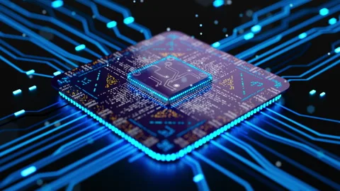 Seamless 3D loop of a glowing processor with digital circuit lines Stock Footage 344159060