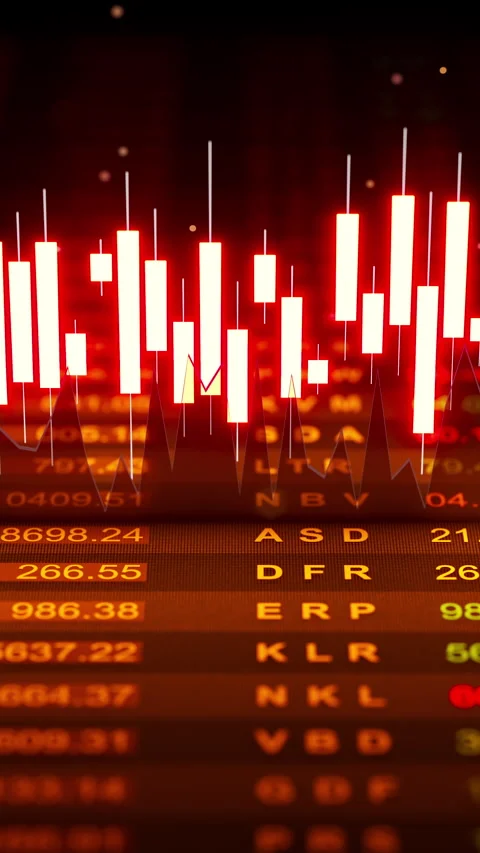 Seamless 3D loop of glowing red candlestick graphs in market decline. Stock Footage 322911872