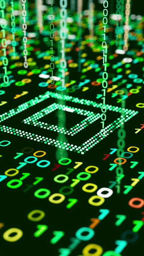 Seamless 3D loop of a green microchip and binary data flow Stock Footage 338988342