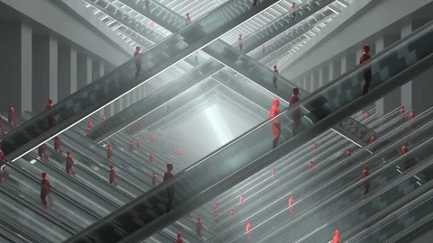 Seamless 3D Loop of Identical Red Figures Ascending Escalators in Futuristi.. Stock Footage 310049418