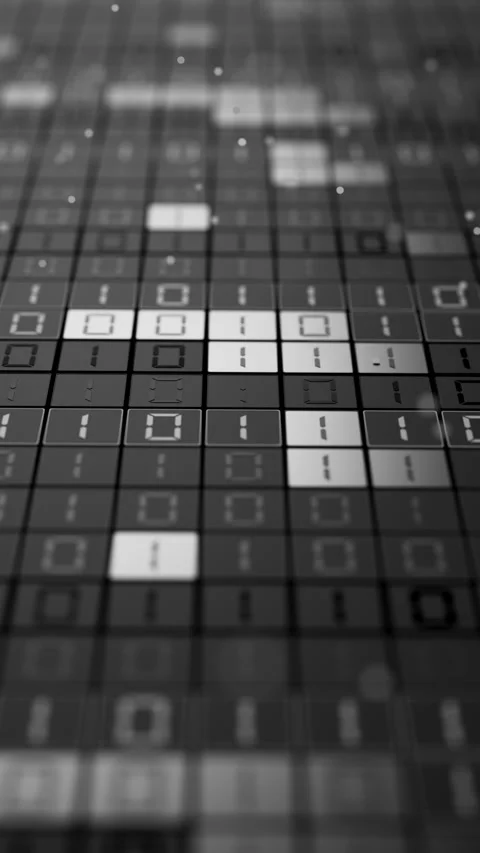 Seamless 3D loop of monochrome binary code on a dark digital grid. Stock Footage 341887295