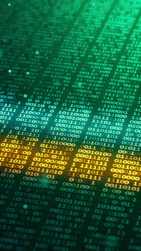 Seamless 3D loop of teal and orange glowing binary code. Stock Footage 348018762