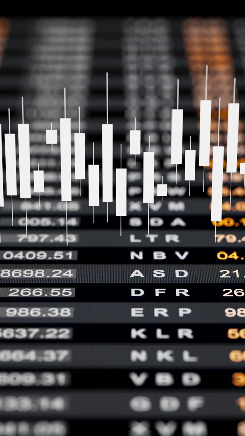 Seamless 3D loop of white candlestick graphs on a black market interface. Stock Footage 322017579