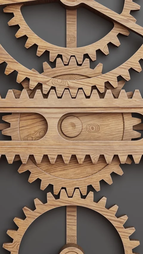 Seamless 3D loop of a wooden gear system with precision and woodcraft. Video stock 314838519