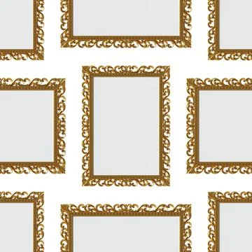 Seamless 3D pattern. 3D render. Gold carved wooden frames on white wall. Stock Illustration