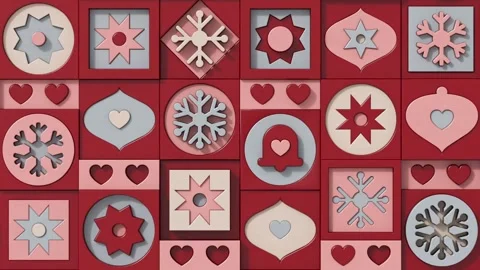 Seamless 3D Pattern Geometric Hearts Snowflakes and Ornaments 4K Stock Footage 339274877