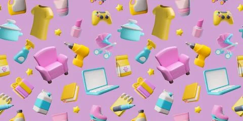 A seamless 3D pattern with household goods, electronics, clothing, furniture Stock Illustration
