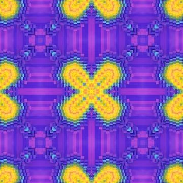 Seamless 3D Pattern Neon Kaleidoscope in Purple and Yellow Stock Illustration