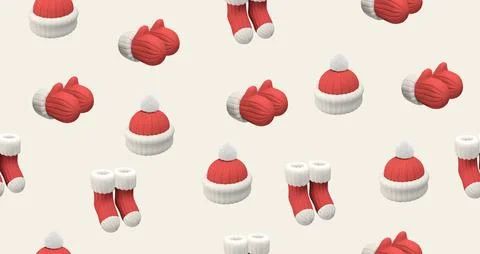 Seamless 3D Winter Pattern with Red Knit Hats, Mittens and Socks Stock Illustration