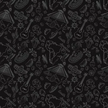 Seamless 4 pattern, contour drawing on South America theme, animals, people, Stock Illustration