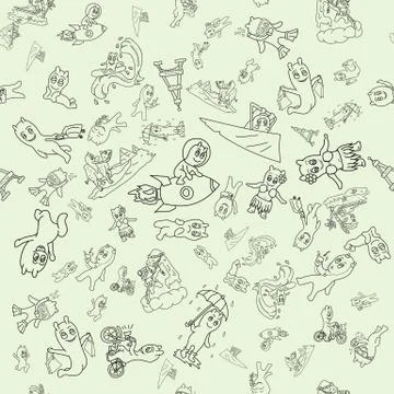 Seamless 4 pattern contour illustration of funny Doodle little men in Chibi s Stock Illustration