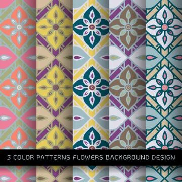 Seamless 5 color patterns flowers background design in grid. Stock Illustration