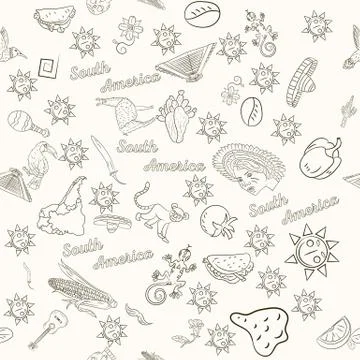 Seamless 5 pattern, contour drawing on South America theme, animals, people, Stock Illustration