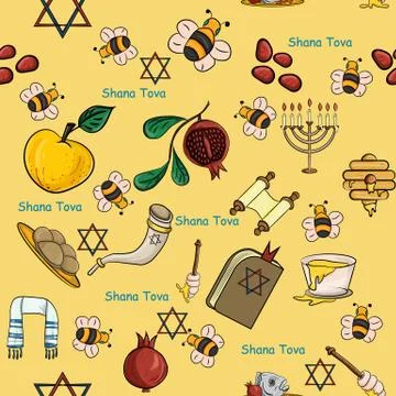 Seamless 5 pattern illustration on the theme of Jewish new year, Rosh Hashana Stock Illustration