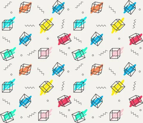 Seamless abstract 90s pattern background. Geometric cube, stripes. Bright Stock Illustration