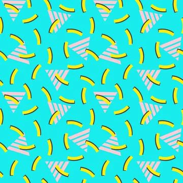 Seamless abstract 90s pattern background.Geometric triangle, stripes.Bright Illustrazione stock