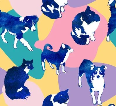 Seamless abstract and vibrant pattern with blue cats and dogs on spotted colo Illustrazione stock
