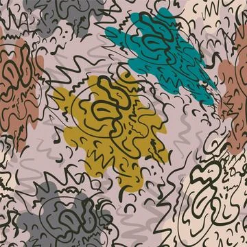 Seamless abstract backdrop with hand drawn colorful shapes and abstract wave lin Stock Illustration