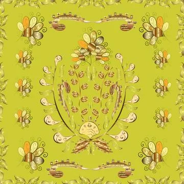 Seamless abstract background with cute elements. Pictures in brown, yellow and n Stock Illustration