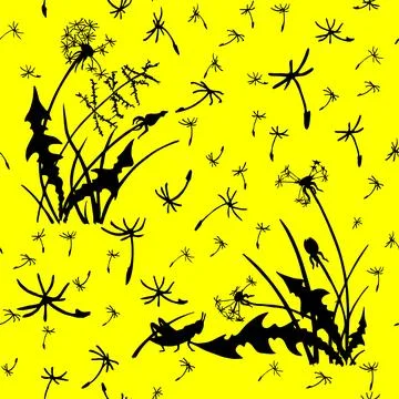 Seamless abstract black pattern of dandelion flowers on yellow background Stock Illustration