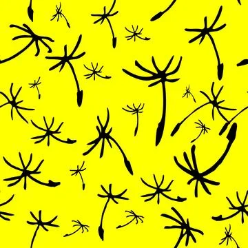 Seamless abstract black pattern of dandelion flowers on yellow background Stock Illustration