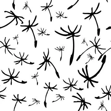Seamless abstract black pattern of dandelion flowers on white background Stock Illustration