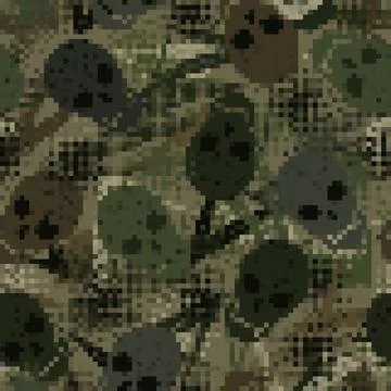 Seamless abstract camouflage pattern with skulls. Pixel retro effect. Stock Illustration