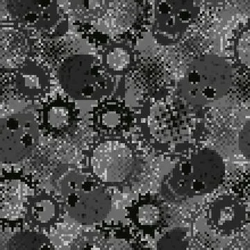 Seamless abstract camouflage pattern with skulls. Pixel retro effect. Stock Illustration