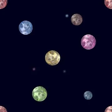 Seamless abstract colored planets pattern with glowing stars Illustrazione stock