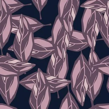 Seamless abstract creative print with outline purple leaf shapes. Navy blue d Illustrazione stock