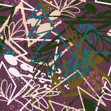 Seamless abstract exotic pattern with curved grunge lines and leaves Stock-Illustration