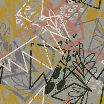 Seamless abstract exotic pattern with curved grunge lines and leaves Stock Illustration