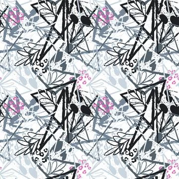 Seamless abstract exotic pattern with curved grunge lines and leaves Stock Illustration